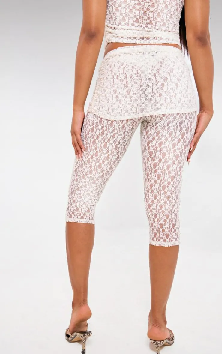 Outlet PrettyLittleThing Lace Sheer Foldover Capri Pants Ivory