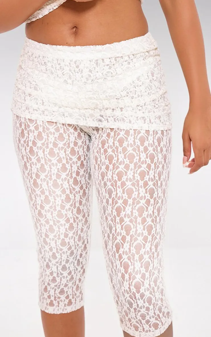 Outlet PrettyLittleThing Lace Sheer Foldover Capri Pants Ivory