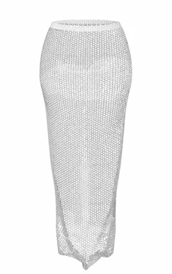 PrettyLittleThing Metallic Sequin Sheer Maxi Skirt Ivory