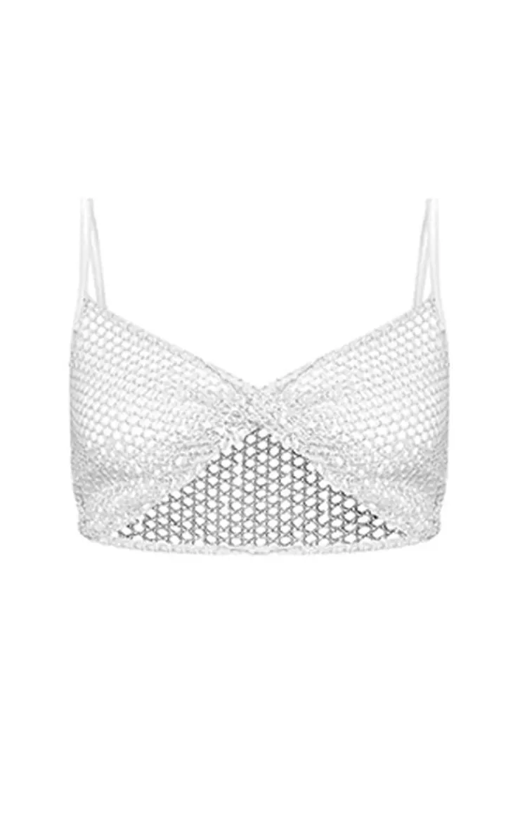 PrettyLittleThing Metallic Sequin Twist Front Strappy Bralet Ivory