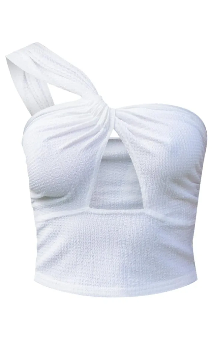 Ivory Textured Twist Front One Shoulder Crop Top