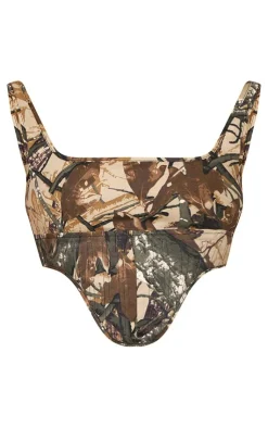 Discount PrettyLittleThing Abstract Camo Printed Twill Dip Hem Structured Cargo Corset Khaki