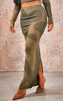 Best PrettyLittleThing Abstract Mesh Panel Maxi Skirt Khaki