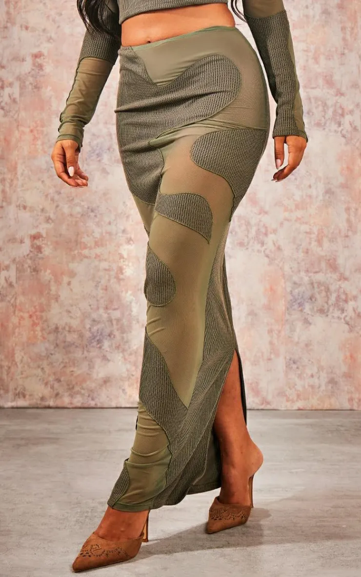 Best PrettyLittleThing Abstract Mesh Panel Maxi Skirt Khaki