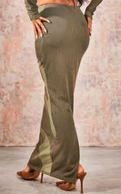 Best PrettyLittleThing Abstract Mesh Panel Maxi Skirt Khaki
