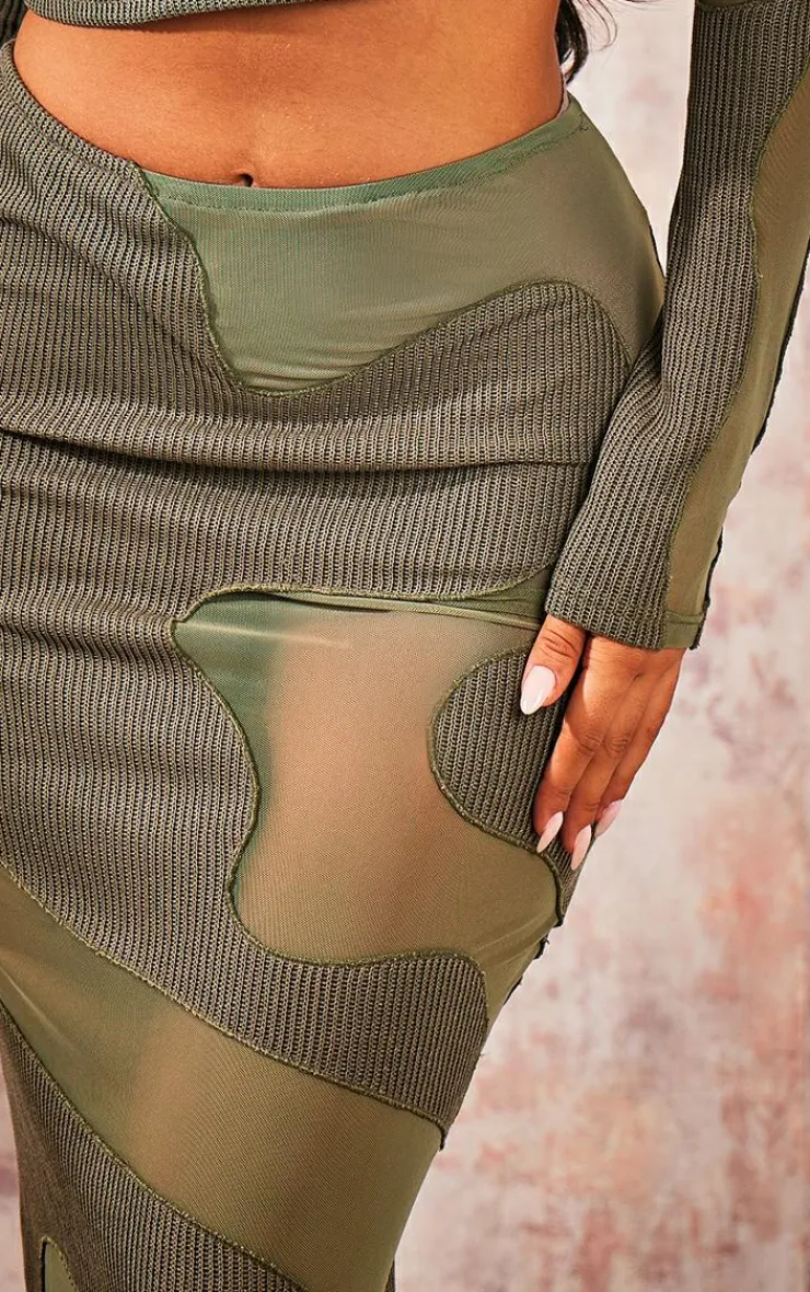 Best PrettyLittleThing Abstract Mesh Panel Maxi Skirt Khaki