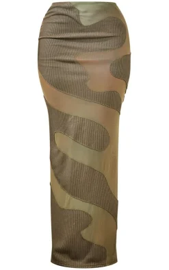 Best PrettyLittleThing Abstract Mesh Panel Maxi Skirt Khaki