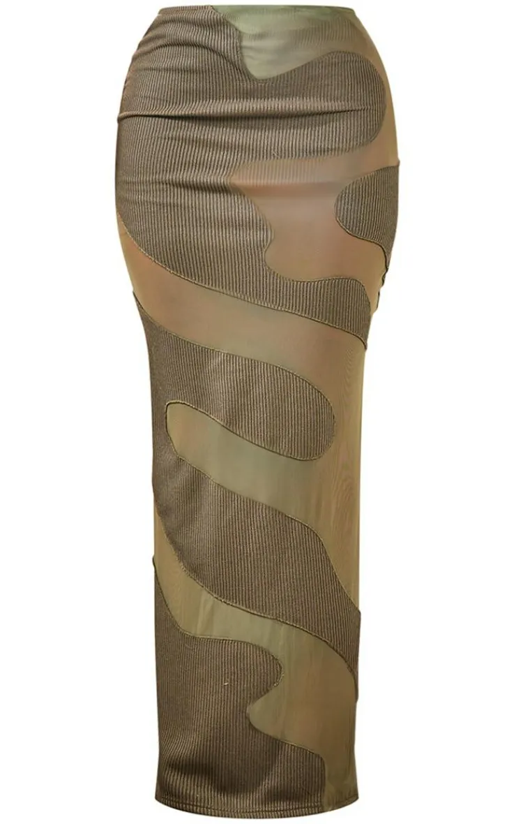 Best PrettyLittleThing Abstract Mesh Panel Maxi Skirt Khaki