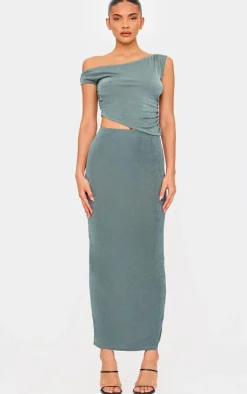 Outlet PrettyLittleThing Acetate Slinky Maxi Low Rise Skirt Khaki