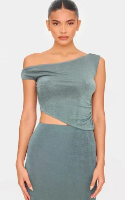 Hot PrettyLittleThing Acetate Slinky One Shoulder Ruched Asymmetric Top Khaki