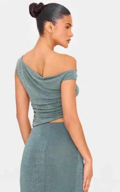 Hot PrettyLittleThing Acetate Slinky One Shoulder Ruched Asymmetric Top Khaki