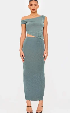 Hot PrettyLittleThing Acetate Slinky One Shoulder Ruched Asymmetric Top Khaki