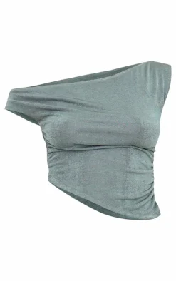 Hot PrettyLittleThing Acetate Slinky One Shoulder Ruched Asymmetric Top Khaki