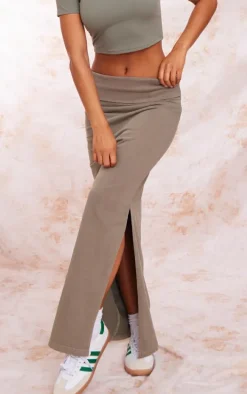 Khaki Acid Wash Cotton Fold Over Maxi Skirt