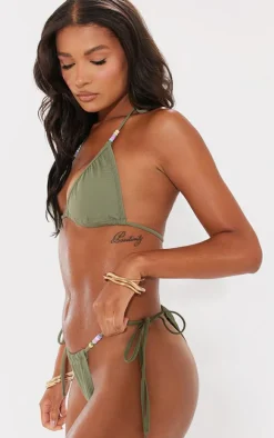 Khaki Beaded Strap Ruched Tie Side Bikini Bottoms