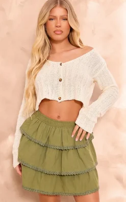 Khaki Broderie Trim Tiered Mini Skirt