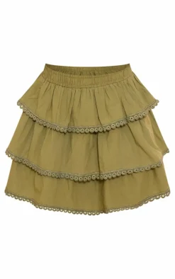 Khaki Broderie Trim Tiered Mini Skirt