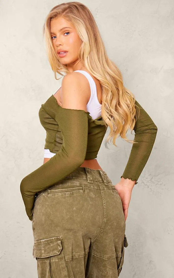 Khaki Burnout Mesh Rib Overlay Crop Top