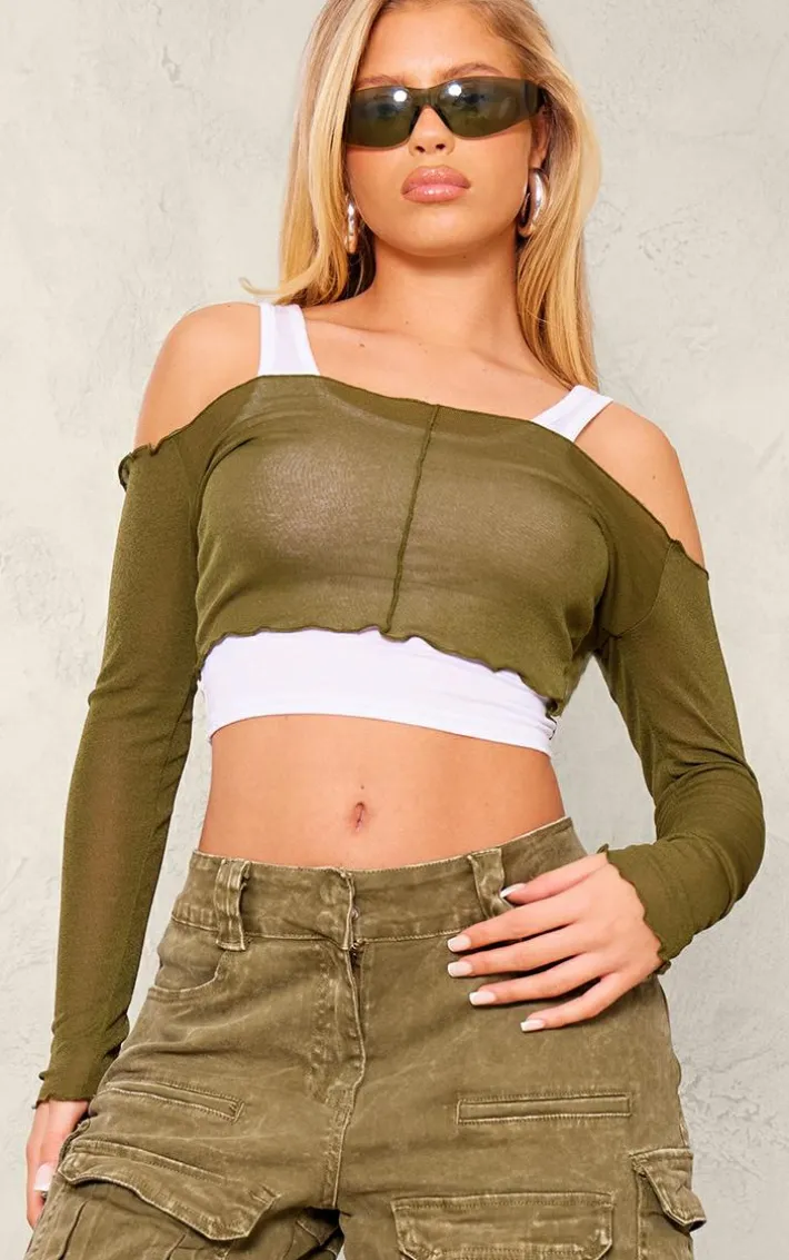 Khaki Burnout Mesh Rib Overlay Crop Top