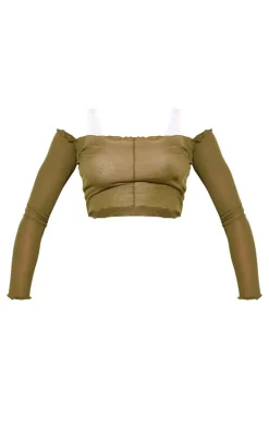 Khaki Burnout Mesh Rib Overlay Crop Top