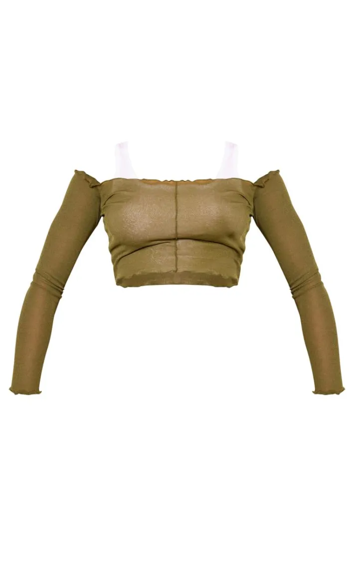 Khaki Burnout Mesh Rib Overlay Crop Top