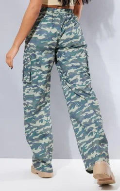Khaki Camo Print Wide Leg Cargo Pants