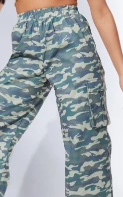 Khaki Camo Print Wide Leg Cargo Pants