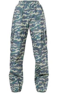 Khaki Camo Print Wide Leg Cargo Pants