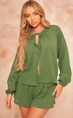 Discount PrettyLittleThing Cheesecloth Floaty Shorts Khaki