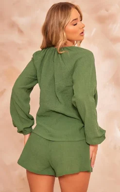 New PrettyLittleThing Cheesecloth Tie Front Shirt Khaki