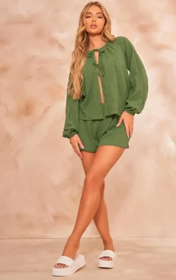 New PrettyLittleThing Cheesecloth Tie Front Shirt Khaki