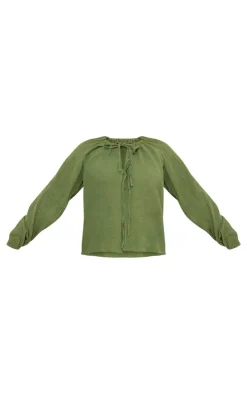 New PrettyLittleThing Cheesecloth Tie Front Shirt Khaki
