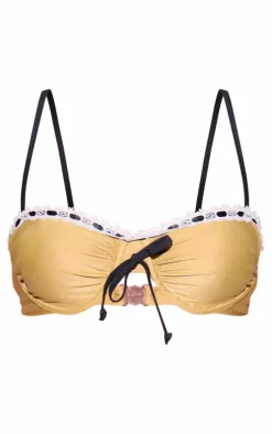 Khaki Contrast Tie Lace Edge Underwired Bikini Top