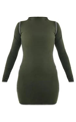 Cotton Contrast Seam Long Sleeve Bodycon Dress-PrettyLittleThing Clearance