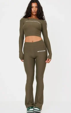 Hot PrettyLittleThing Cotton High Waist Flared Pants Khaki