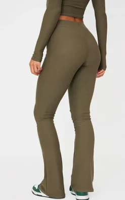 Hot PrettyLittleThing Cotton High Waist Flared Pants Khaki