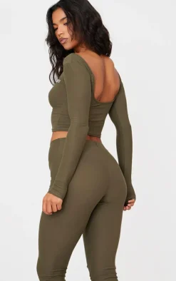 PrettyLittleThing Cotton Long Sleeve Top Khaki