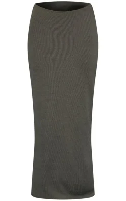 Khaki Crinkle Rib Curved Waist Maxi Skirt