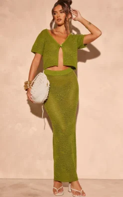Hot PrettyLittleThing Crochet Floral Knit Maxi Skirt Khaki