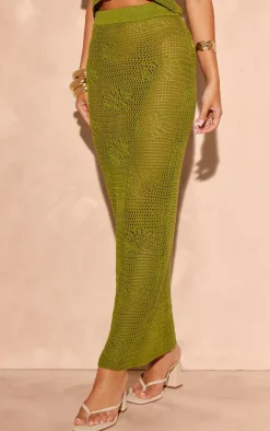 Hot PrettyLittleThing Crochet Floral Knit Maxi Skirt Khaki