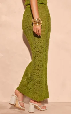 Hot PrettyLittleThing Crochet Floral Knit Maxi Skirt Khaki
