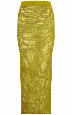 Hot PrettyLittleThing Crochet Floral Knit Maxi Skirt Khaki