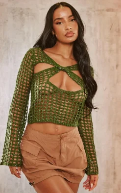 Hot PrettyLittleThing Crochet Knitted Sequin Long Sleeve Top Khaki