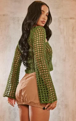 Hot PrettyLittleThing Crochet Knitted Sequin Long Sleeve Top Khaki