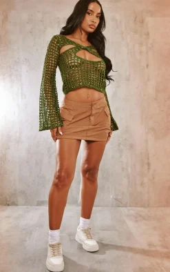Hot PrettyLittleThing Crochet Knitted Sequin Long Sleeve Top Khaki