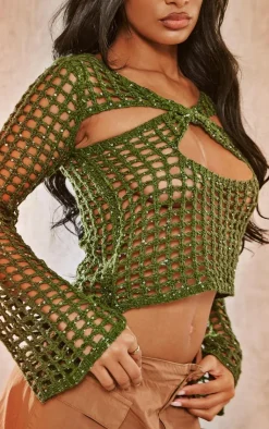 Hot PrettyLittleThing Crochet Knitted Sequin Long Sleeve Top Khaki