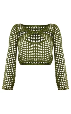 Hot PrettyLittleThing Crochet Knitted Sequin Long Sleeve Top Khaki