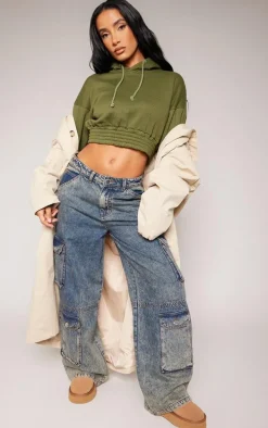 Khaki Cropped Elasticated Hem Hoodie