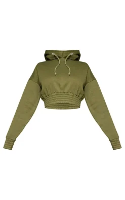 Khaki Cropped Elasticated Hem Hoodie