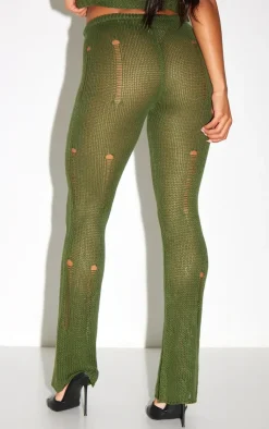 New PrettyLittleThing Distressed Knit Flare Pants Khaki